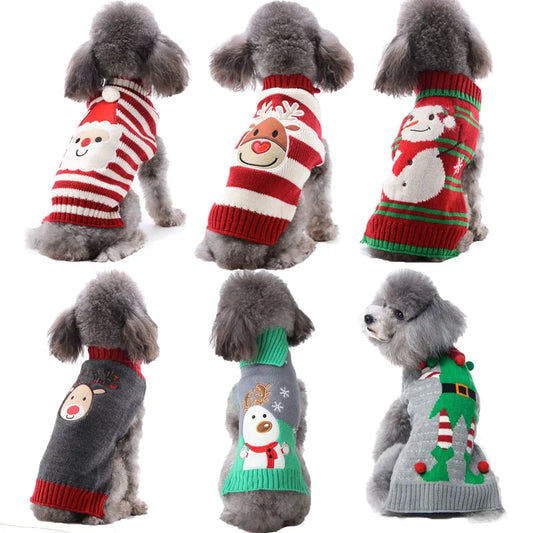 Xmas Striped Dog Sweater Pet Reindeer Knit Clothes Dogs Snowman Hoodies